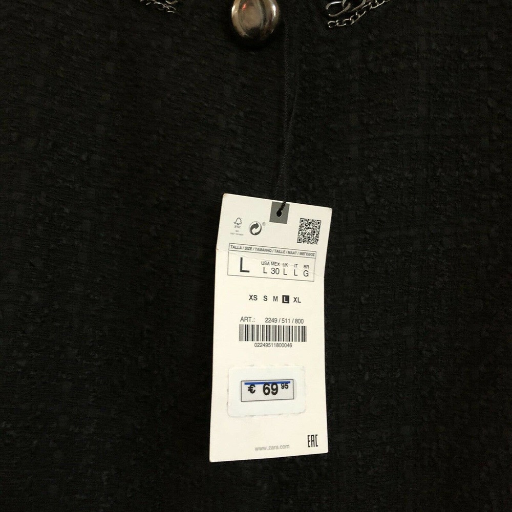 Zara NWT Women's Tweed Coat Mid Length Black Chain Jacket Runs M - Picture 7 of 7